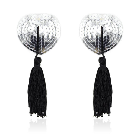 Pezoneras Autoadhesivas Forma de Corazon con Lentejuelas Negro Plata